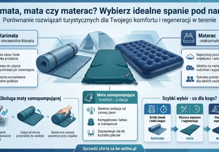 Jak działa mata samopompująca: odkręć zawór, poczekaj, zwiń. Idealna na dłuższą wyprawę i regenerację.