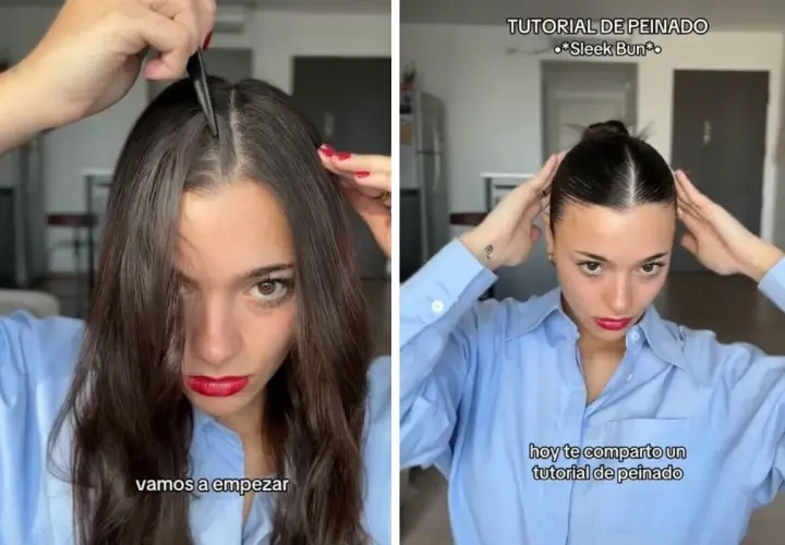 Tutorial de peinado para un look pulido y elegante. La joven se divide el cabello y luego lo recoge en un moño perfecto.