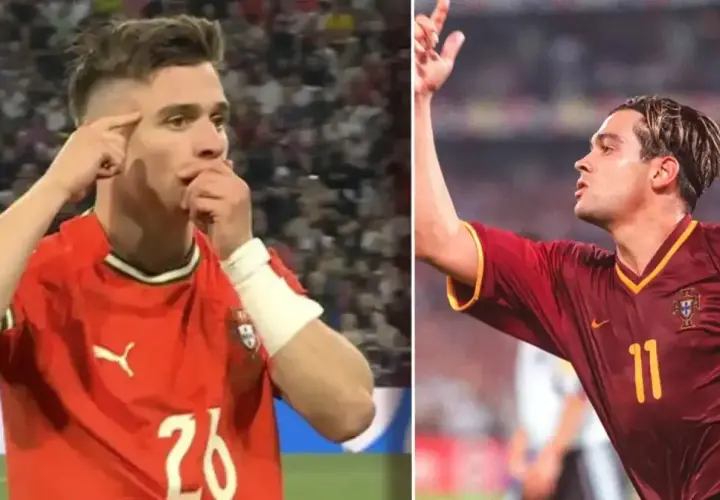 Dwóch piłkarzy Portugalii w czerwonych strojach. Jeden z nich, młodszy, z numerem 26, gestykuluje, przypominając o golu. Obok starszy, z numerem 11, w stylu Conceição.