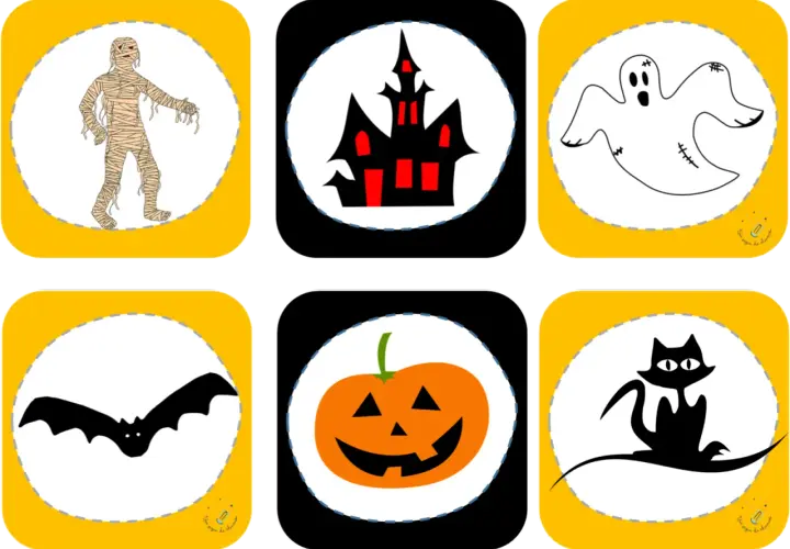 Imágenes de banderines de Halloween para imprimir: momia, casa embrujada, fantasma, murciélago, calabaza y gato negro.