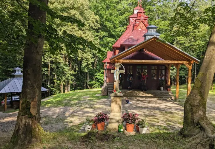 Kapliczka na górze Jawor otoczona lasem. Przed wejściem krzyż z kwiatami, obok wiata i cmentarz krzyży.