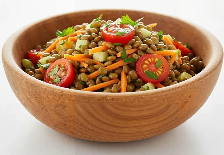Deliciosa ensalada de lentejas original con tomates cherry, zanahoria rallada y perejil, servida en un cuenco de madera.