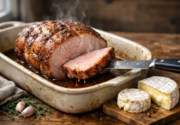 Une cote de veau rôtie et juteuse, tranchée et servie dans un plat, avec du fromage coulant et des herbes fraîches.