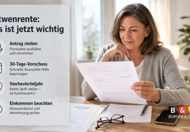 Frau liest Dokumente zur Witwenrente nach dem Tod ihres Partners. Wichtige Infos: Antrag, Vorschuss, Sterbevierteljahr, Einkommen.