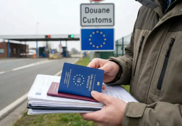 Mężczyzna trzyma stos dokumentów, w tym europejską kartę broni, na tle granicy celnej UE.