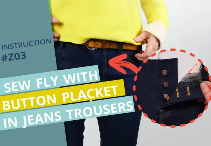Instructional image showing how to sew a button placket fly in jeans trousers. Close-up shows three buttons and buttonholes.