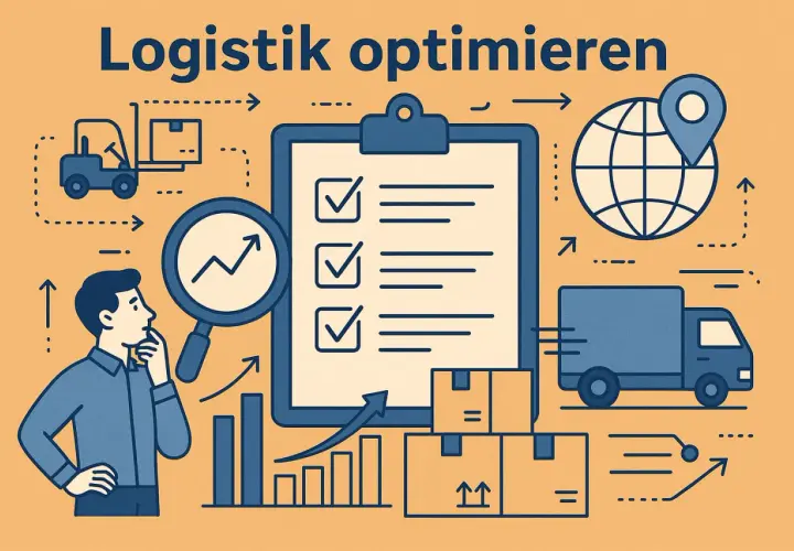 Mann plant die Optimierung von warehousing and logistics. Gabelstapler, LKW, Pakete, Checkliste und Diagramme symbolisieren Effizienzsteigerung.