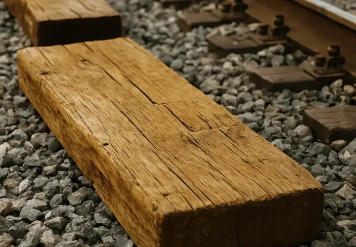 Stare, drewniane podkłady kolejowe czekają na utylizację. Widać szuter i fragmenty torów.