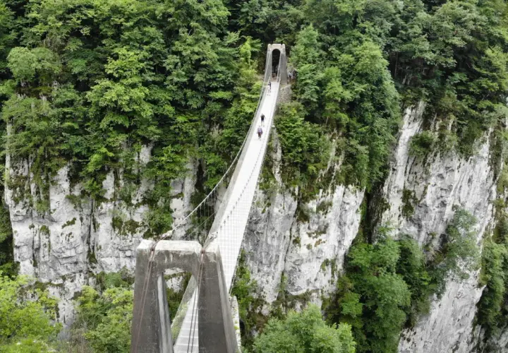 La pasarela de Holzarte cruza un profundo cañón verde, con personas caminando sobre ella.