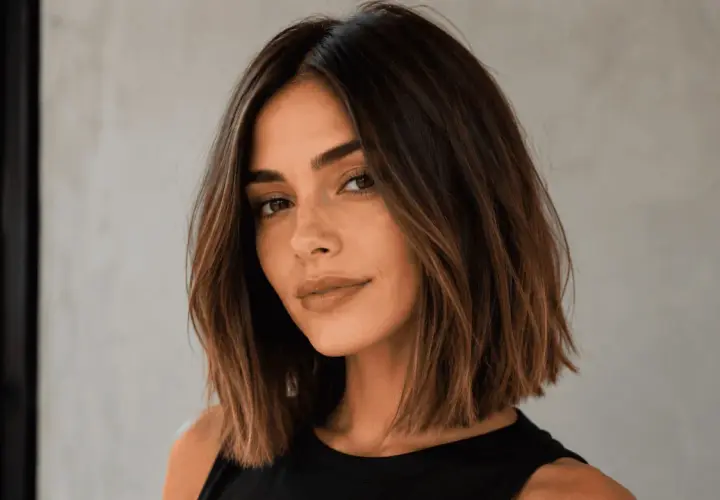 Mujer con un elegante corte long bob, cabello castaño con reflejos sutiles, mirada serena y labios pintados en tono nude.