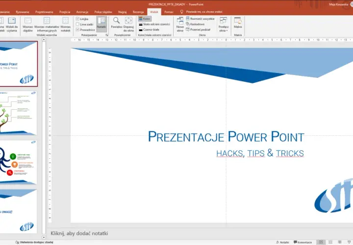 Jak zacząć prezentację w Powerpoincie? Widok slajdów, menu i tytuł "Prezentacje Power Point".
