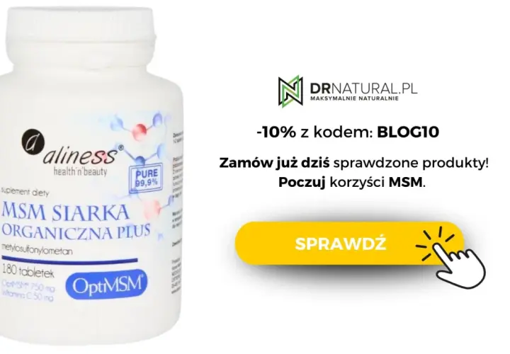 Suplement diety Aliness MSM Siarka Organiczna Plus, 180 tabletek. Poczuj korzyści MSM dla zdrowia i urody.