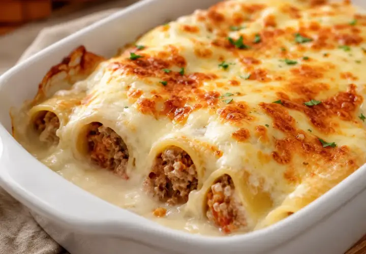 Canelones de carne gratinados con queso derretido y perejil picado, listos para disfrutar.