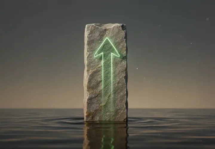 Ein Stein mit leuchtend grünem Pfeil ragt aus ruhigem Wasser. Symbolisiert Wachstum und Stärke, wie bei den Vaneck Morningstar Developed Markets Dividend Leaders.