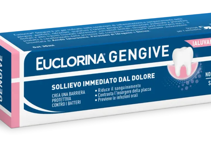 Gel Euclorina Gengive per sollievo immediato dal dolore, crea una barriera protettiva contro i batteri e previene le infezioni orali. Non macchia i denti, senza clorexidina.