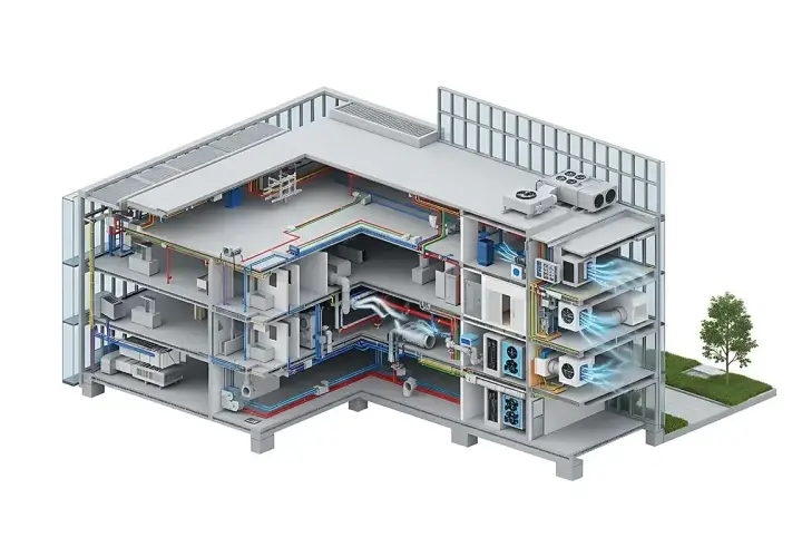 Przekrój budynku pokazuje system HVAC: ogrzewanie, wentylacja i klimatyzacja. Rury i kanały rozprowadzają powietrze i płyny.