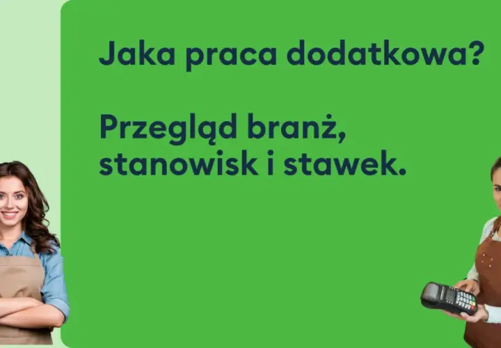 Dwie kobiety w fartuchach, jedna z uśmiechem, druga z terminalem płatniczym. Tekst: "Jaka praca dodatkowa? Przegląd branż, stanowisk i stawek.