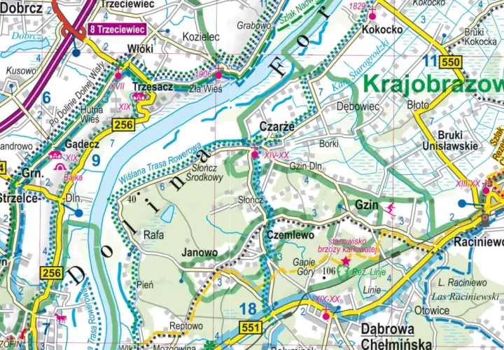 Mapa pokazuje okolice, gdzie są Bory Tucholskie, z zaznaczonymi miejscowościami jak Gądecz, Czarże, Unisław i szlakami rowerowymi.