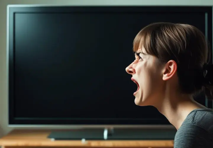 Femme criant devant une télévision éteinte, frustrée par un problème TV télécom.