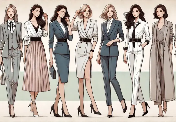 Kobiety prezentują elegancki styl biznesowy w różnych strojach: garnitury, spódnice i płaszcze.