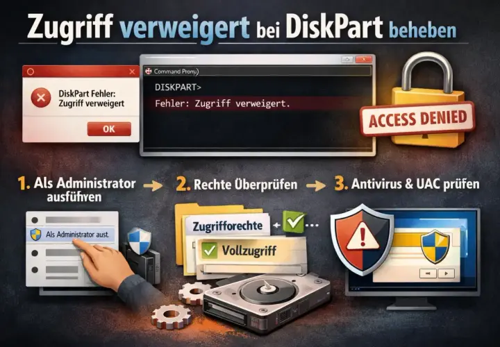 Fehler "DiskPart: Zugriff verweigert" beheben: Als Administrator ausführen, Rechte prüfen, Antivirus & UAC checken.