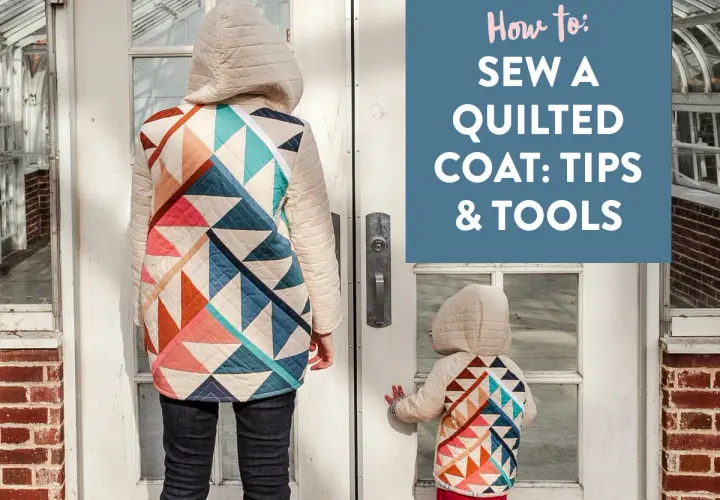 Learn how to make a quilt jacket with this guide. Two people, one adult and one child, wear matching quilted jackets with colorful geometric patterns.