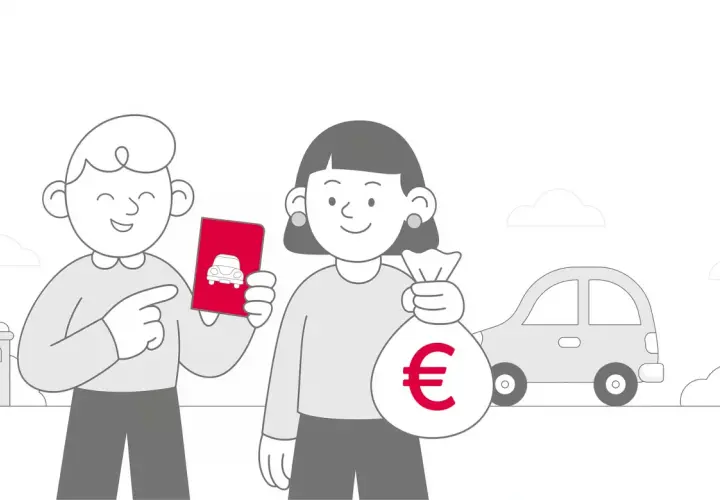 Uomo indica un'app per auto, donna tiene un sacco di soldi con simbolo euro. Un'auto sullo sfondo suggerisce un mini passaggio di proprietà.
