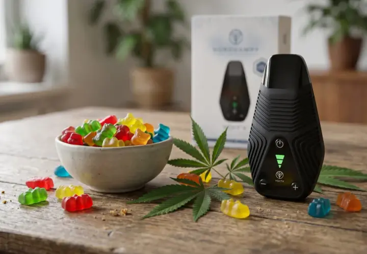 Bunte Hanf Gummibärchen liegen neben einem Vaporizer und Hanfblättern auf einem Holztisch.