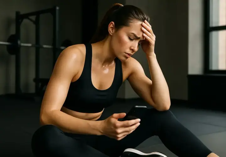 Zmęczona kobieta w siłowni sprawdza telefon, zastanawiając się, ile razy w tygodniu ćwiczyć, by osiągnąć cel.