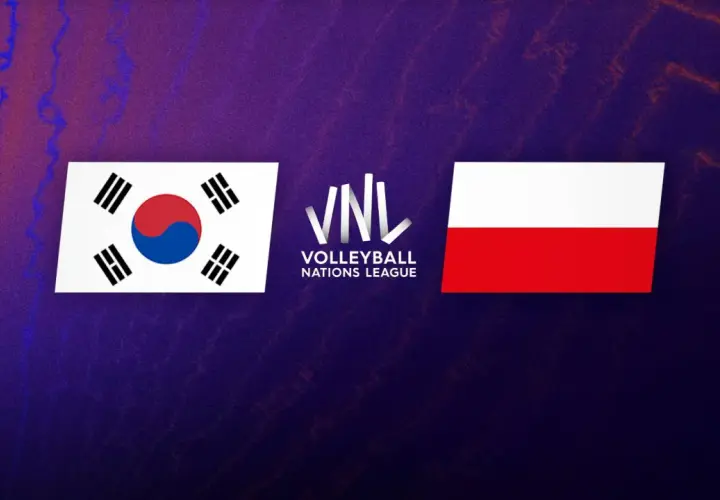 Flaga Korei Południowej i Polski obok logo VNL. Emblematy narodowe symbolizują starcie w siatkarskiej Lidze Narodów.