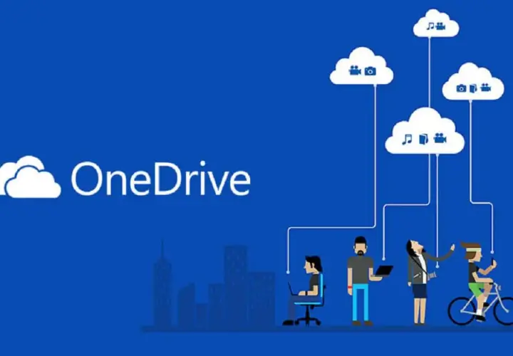 Personas interactuando con la nube de OneDrive, mostrando la copia de seguridad de archivos y datos.