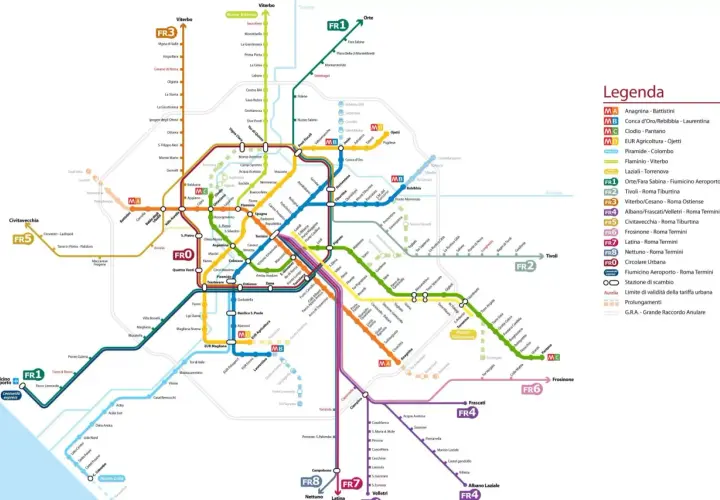 Mappa della metro di Roma con le linee MA, MB, MC, MD, FR1-FR8 e FRO. La metro rossa (MA) collega Anagnina a Battistini.