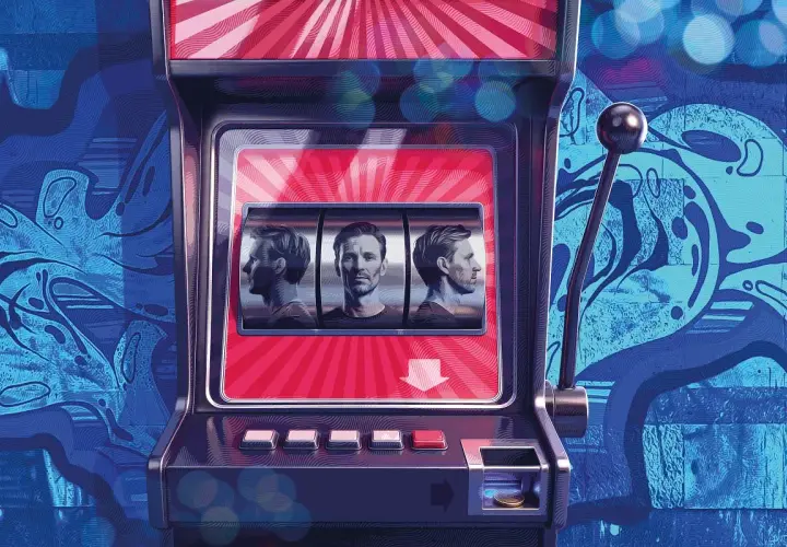 Automat do gier z trzema portretami mężczyzn na bębnach, symbolizujący przegrane życie.