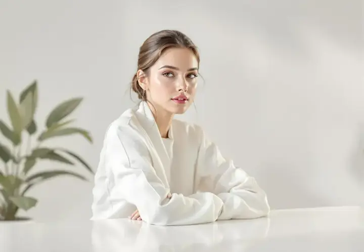 Elegancka kobieta w białej marynarce, siedząca przy stole. Jasne, minimalistyczne tło. To idealny przykład high key fotografii.