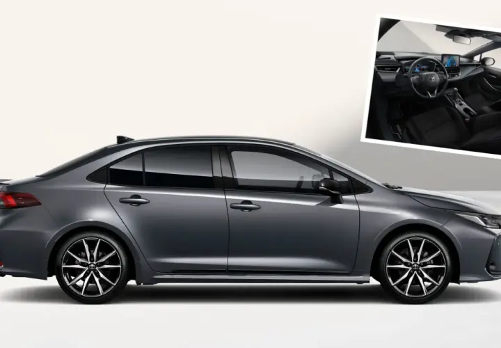Szary sedan Toyota Corolla, jeden z wielu nowoczesnych modeli Toyoty, z widokiem wnętrza.