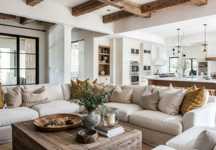 A cozy living room showcasing types of rustic interior design, featuring exposed wooden beams, a distressed coffee table, and textured neutral furnishings.
