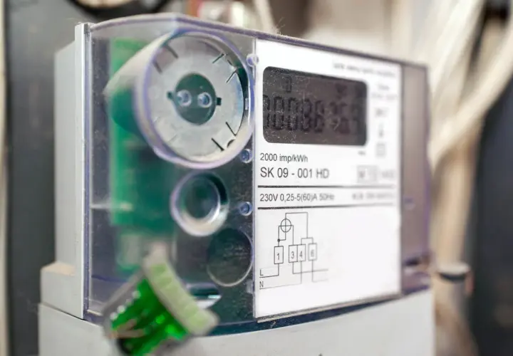 Cyfrowy licznik energii elektrycznej z widocznym wyświetlaczem i schematem podłączenia.