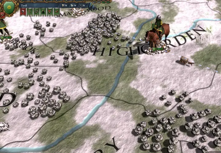 Europa Universalis IV: spolszczenie. Mapa gry z wojskami i nazwami prowincji, w tym "HIGHGARDEN".
