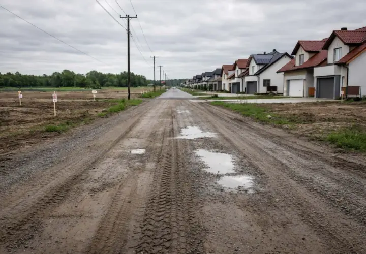 Błotnista droga polna prowadzi do szeregu nowych domów. Po lewej stronie widać niezabudowane działki z tabliczkami.