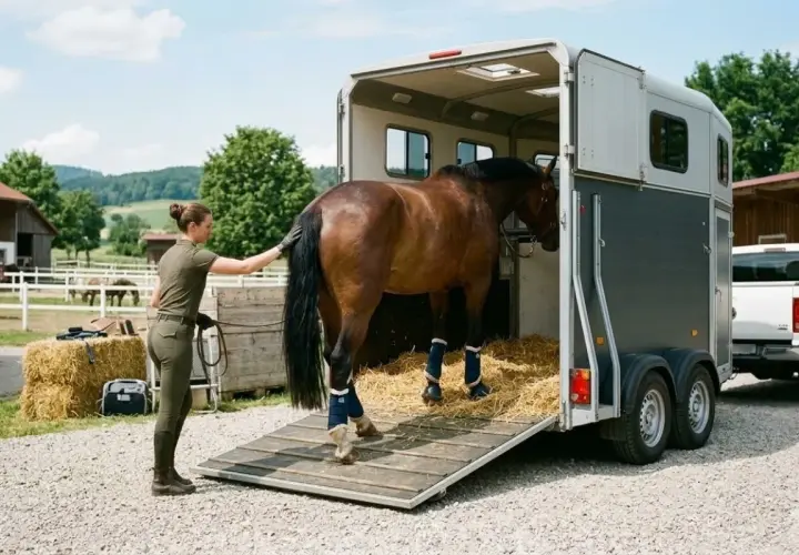 Frau lädt Pferd in Anhänger. Beachten Sie die Vorschriften für Pferde transportieren.