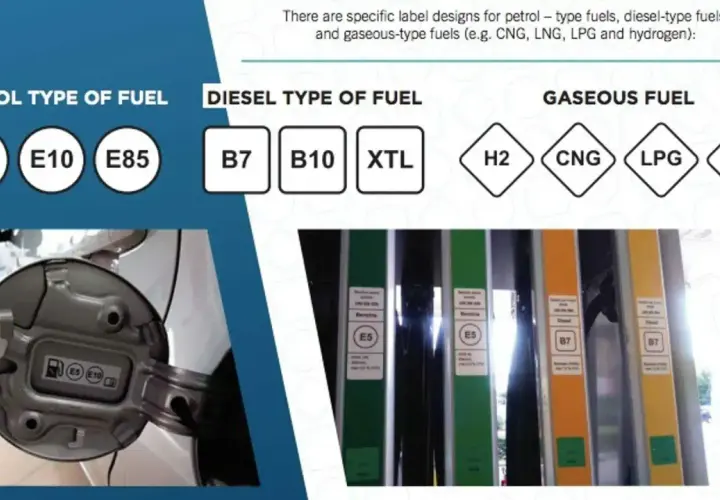 Etichette carburante: E5, E10, E85 per benzina; B7, B10, XTL per diesel; H2, CNG, LPG, LNG per gas.