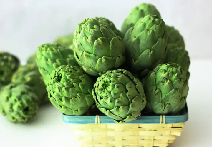 Un cesto lleno de alcachofas verdes, listas para cocer.