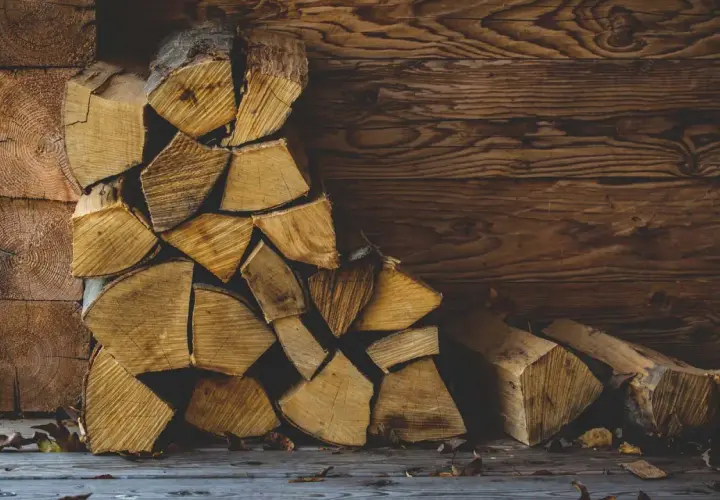 Gestapeltes Brennholz vor einer Holzwand. Die Frage, wie lange muss brennholz trocknen, beschäftigt jeden, der es für den Winter vorbereitet.