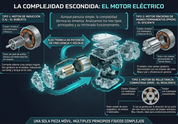 Diagrama explora la complejidad del motor coche eléctrico, detallando tres tipos: inducción, síncrono y reluctancia conmutada, sus componentes y funcionamiento.