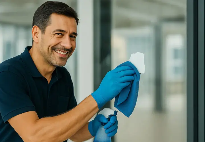 Uomo sorridente con guanti blu che pulisce una superficie metallica, usando uno spray e un panno per togliere etichette adesive dal metallo.
