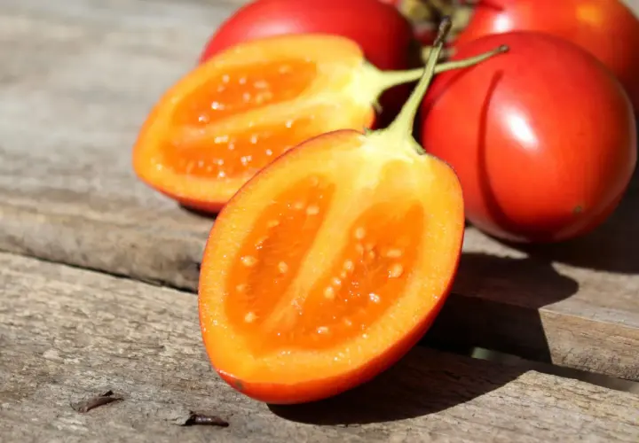 Tomates de palo rojos y brillantes, uno cortado por la mitad revelando su pulpa anaranjada y semillas.