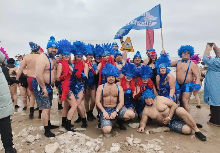Grupa morsów w niebieskich piórach i maskach pozuje na plaży. Pewnie zastanawiają się, ile stopni ma Bałtyk w styczniu.