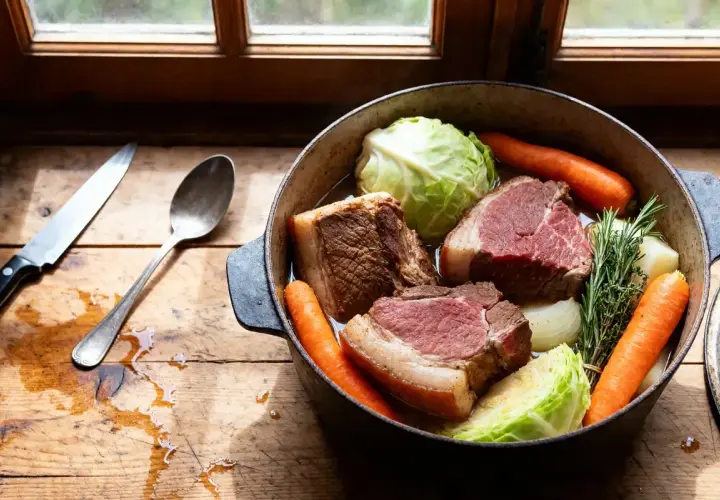 Une cocotte de potee au chou avec des morceaux de bœuf, des carottes, des oignons et des herbes, prête à mijoter.