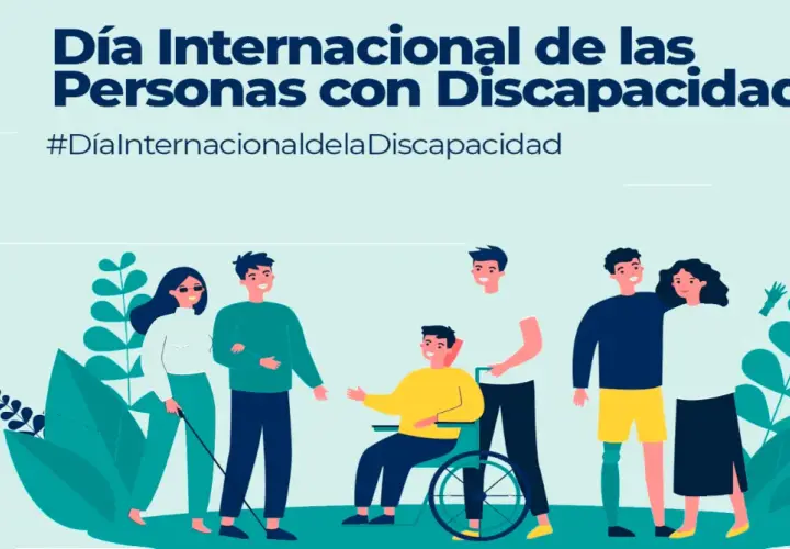 Cartel del Día Internacional de las Personas con Discapacidad. Ilustración de personas diversas, incluyendo una ciega, una en silla de ruedas y un hombre con prótesis.
