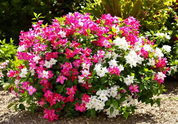 Un buisson de laurier rose en pleine floraison, avec des fleurs roses et blanches éclatantes. Un bon engrais a permis cette magnifique floraison.